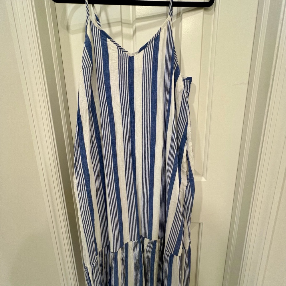 J. Crew Factory Blue and White Striped Midi Dress